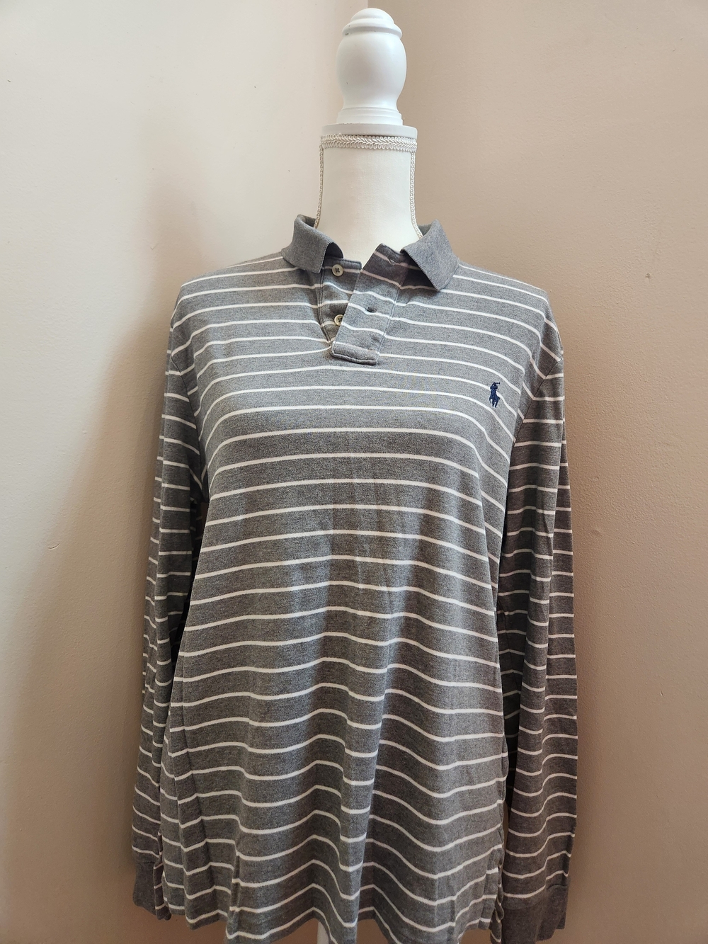 POLO by Ralph Lauren Gray and White Striped Long-Sleeve Polo